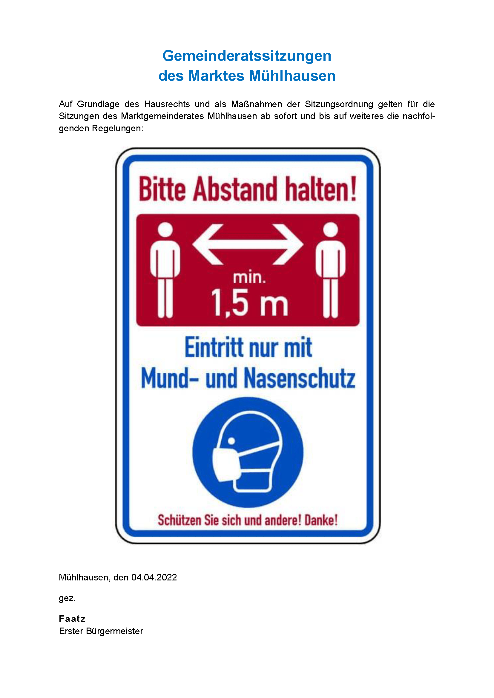 Gemeinderatssitzungen Mühlhausen ab 04.04.2022